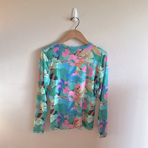Davi & Dani Anica Floral Mesh Long Sleeve Top Green Womens Size Medium - Picture 7 of 13